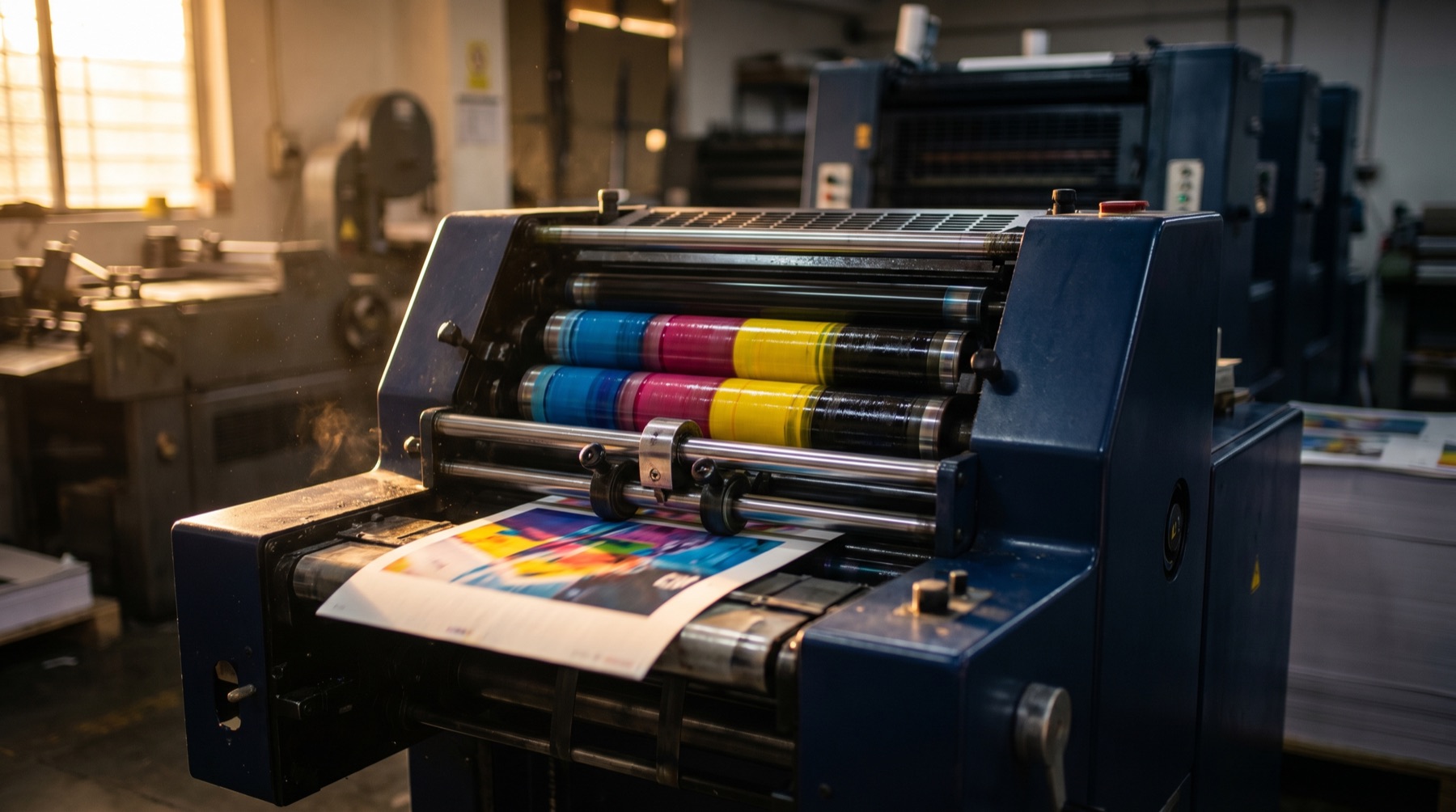 Four-colour offset printing press running a fresh CMYK sheet
